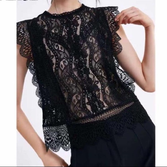 Zara black contrast lace ruffle semi sheer blouse - Picture 9 of 12